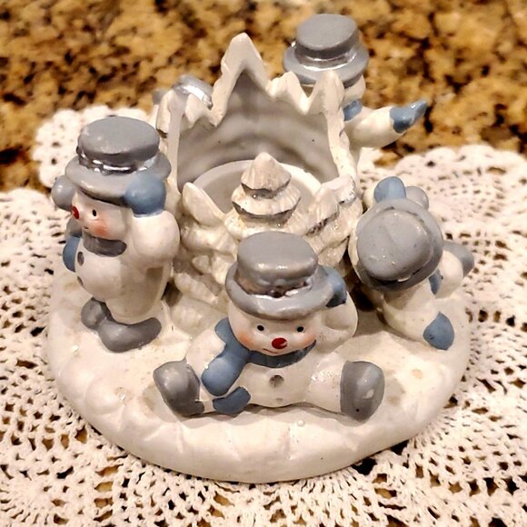 Ceramic Snowmen Pillar Candle Holder ~ 5 Cute Snowmen Circled around Center - Picture 2 of 5